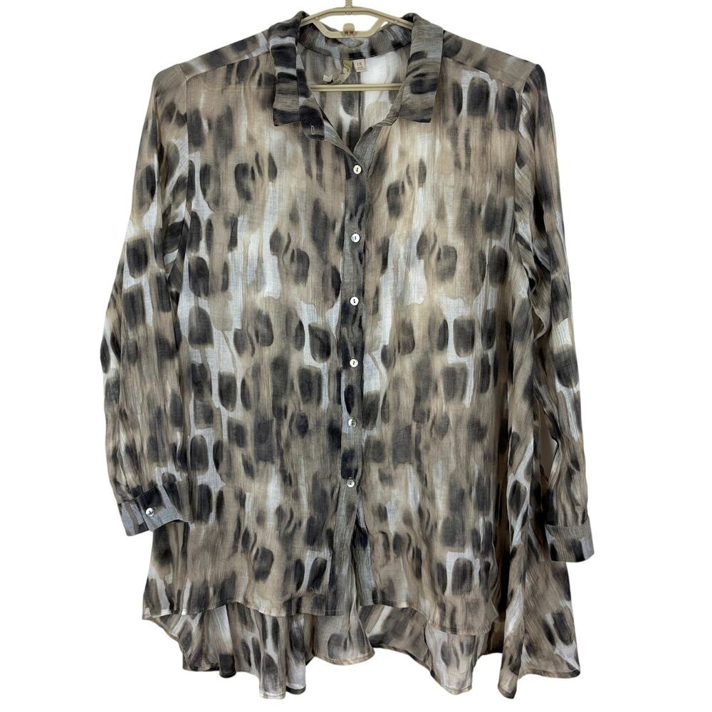 comfy USA 1X Tunic Blouse Top White Brown abstract flowly semi sheer lagenlook